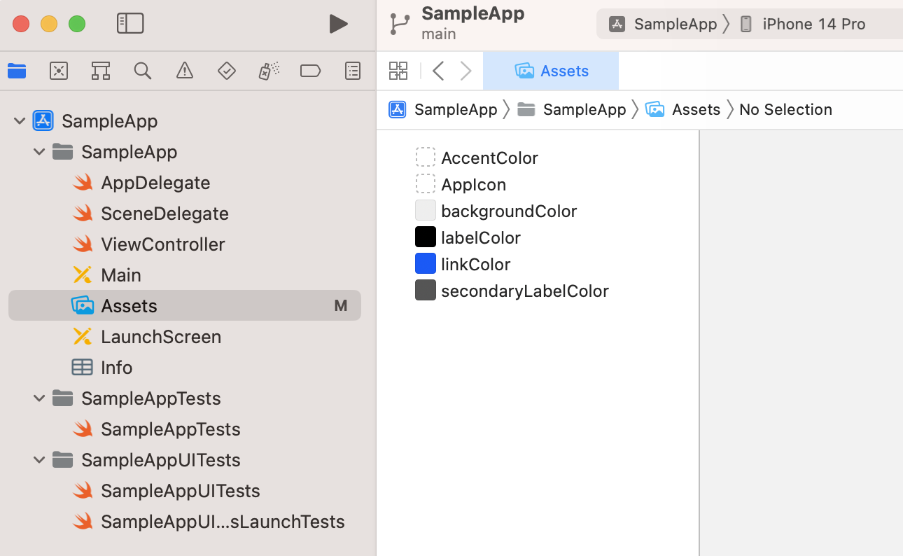 Screenshot of Adaptive Color Sets configuration in Xcode